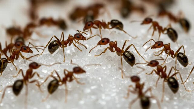 Numerous reddish-brown ants, with dark brown gaster, swarm over a bed of white sugar crystals, in a close-up shot emphasizing their detailed anatomy and interaction with the sweet substance