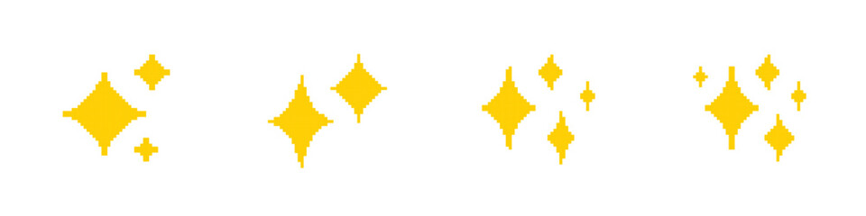 Sparkles pixel symbol. Different gold sparkle shapes. Pixel art.