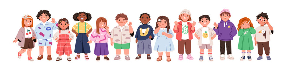Kids group in row. Diverse happy children standing together in line. Cute kindergarten preschool boys and girls smiling. Little child characters. Flat vector illustration isolated on white background