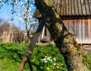Fototapeta premium Rustic pruning shears against a tree trunk in a spring garden