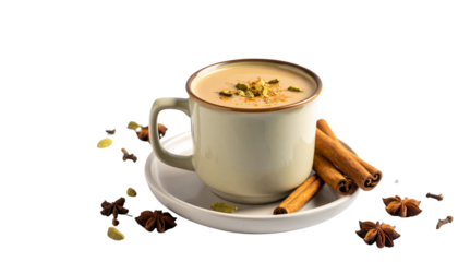 Cup of masala chai with cinnamon sticks, cardamom pods, and cloves, isolated