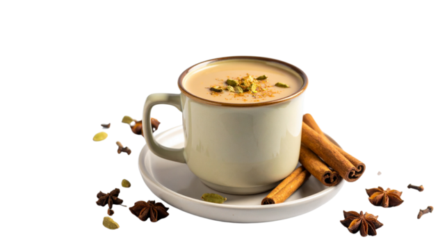 Cup of masala chai with cinnamon sticks, cardamom pods, and cloves, isolated