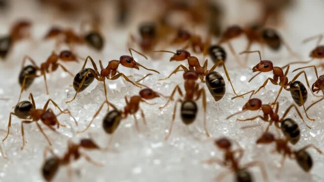 Numerous reddish-brown ants with dark abdomens are densely clustered on a bed of granulated sugar, their legs actively moving as they forage