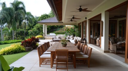 An elegant dining and living patio with a long teak table, matching chairs, and a nearby lounge with a sectional sofa