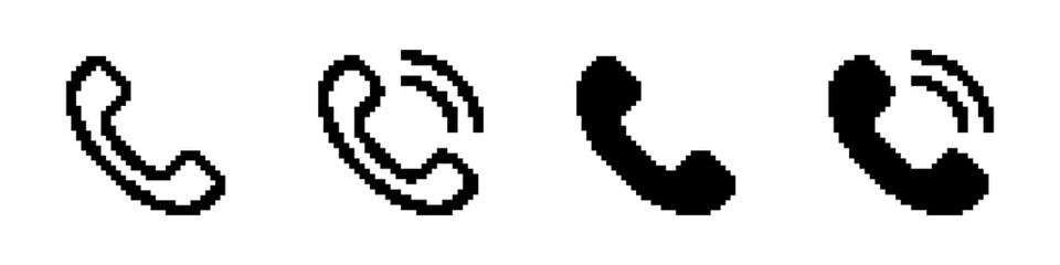Obraz premium Phone pixel icons set. Telephone call, contact us symbol collection. Pixel art.