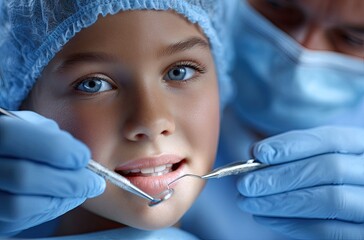 Close-up of an American child in blue scrubs getting their teeth examined by dentist doctors wearing surgical masks and gloves