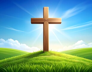 Wooden cross on a grassy hilltop under a vibrant sky