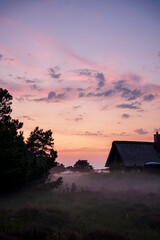 dusk, house, fog over the ground