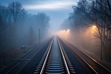 Fototapeta premium Misty railway tracks with glowing lamps image