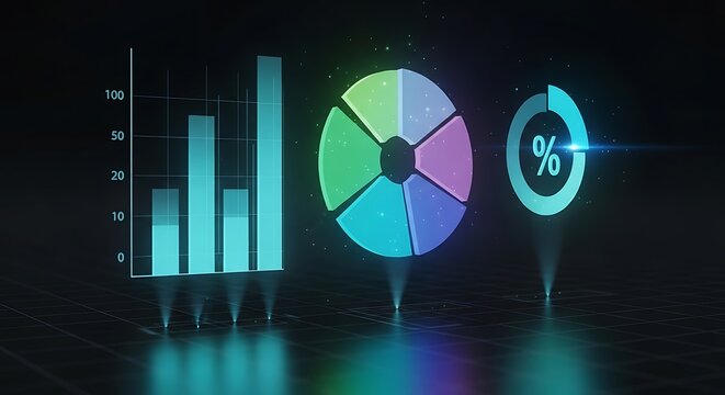 Holographic display of vibrant bar chart, pie chart, and percentage wheel for data visualization and analysis.

