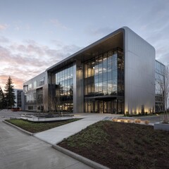 Obraz premium An modern, sleek, and contemporary office building, with a glass facade. The architectural masterpiece, showcasing a modern design in a photorealistic environment.