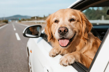 Happy golden retriever sticking head out of car window with tongue out, enjoying the ride on open road with mountains in background under blue sky.