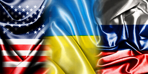 Ukraine vs USA vs Russia national flags icon, abstract Ukraine USA Russia politics economics relations conflict concept texture wallpaper.