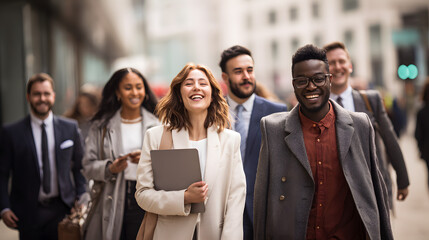 Group of diverse professionals walking, smiling, and talking on a city street. They appear happy, confident, and successful as they commute.
