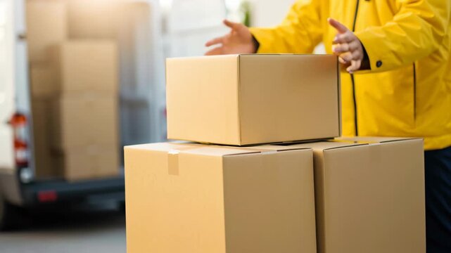 Delivery courier yellow jacket handling logistics for ecommerce shipping with cardboard boxes pallet near van outdoors, package delivery and shipping