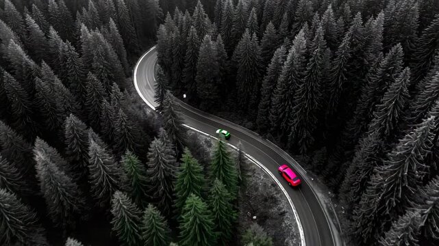 Elektroauto auf Waldstra&szlig;e &ndash; Schwarz-Wei&szlig;-Landschaft verwandelt sich in kr&auml;ftige Farben. K&uuml;nstliche Intelligenz KI