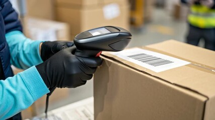 Delivery courier logistics and ecommerce shipping process with barcode scanning cardboard box warehouse for fast and accurate service, worker scans - Powered by Adobe