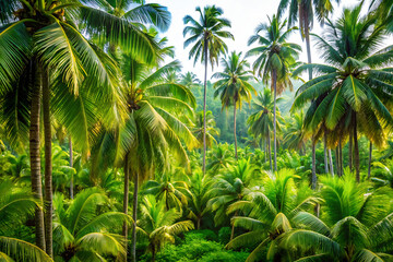 Obraz premium Lush tropical forest with palm trees and green foliage on white background ,PNG.AI Generated.