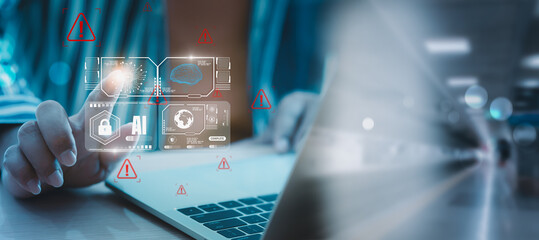 Concept of AI threat monitoring. A person interacts with digital interface detecting cybersecurity breaches, AI data leaks, and brain-like processing vulnerabilities through futuristic alerts.