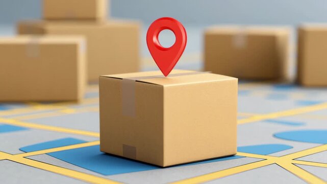 Package delivery logistics and courier shipping for ecommerce, cardboard box on map with location pin tracking parcel, fast reliable package logistics