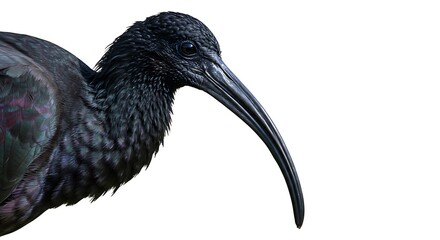 Detailed Close-Up of a Glossy Black Bird with Long Curved Beak