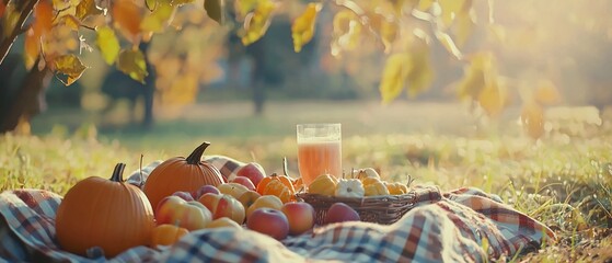Autumnal picnic scene with pumpkins, apples, and a refreshing juice beverage