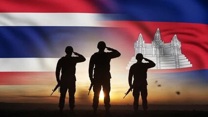 Silhouette of Thai and Cambodian Soldiers Paying Respects Amidst Sunset Skies
