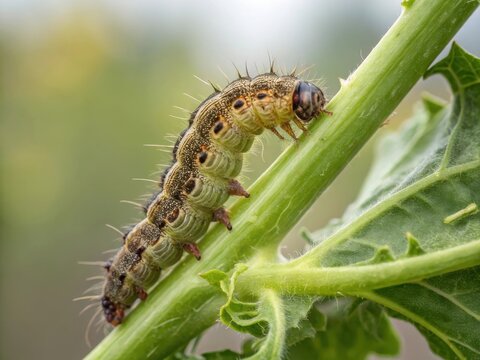 Spiky caterpillar crawling on green stem insect larva - Powered by Adobe