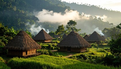 Traditional Village in Lush Green Forest at Sunrise.