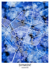 Shymkent Kazakhstan City Map, landmarks travel painting, print downtown cities, city panorama watercolor view abstract art, famous new design, trending modern destination