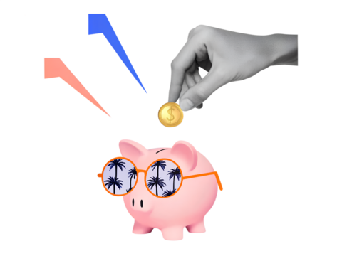 A hand puts golden coin in piggy bank wearing a sunglasses which palm trees are reflected. Saving for vacation. Modern photo collage. Illustration on transparent background
