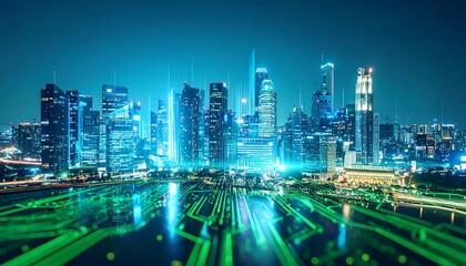 Futuristic Cityscape at Night with Digital Network Overlay