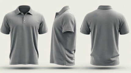 High definition photo of blank grey polo shirt mockup, front, side, and back views.