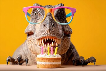 Humorous dinosaur celebration with cake and colorful glasses in studio setting
