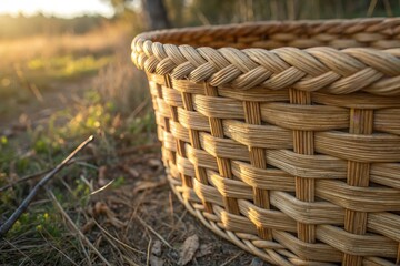 Woven basket with braided rim in natural light wicker material