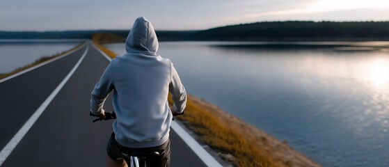 Cyclist Riding Along Riverside Road Looking Back Over Shoulder at Sunset