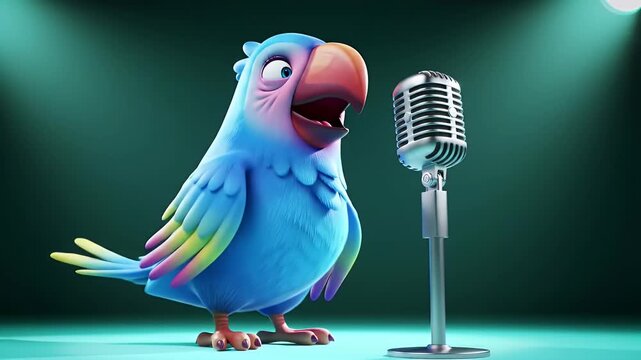 Colorful Parrot Sings Into Vintage Microphone On Stage With Bright Teal Background and Spotlights