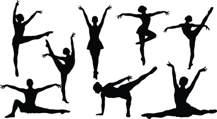 Vector silhouette set of graceful female ballet dancers in dynamic poses for artistic, educational, and creative dance-themed design content