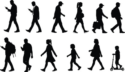 Vector silhouette set of diverse people walking and interacting in daily life for urban, lifestyle, design, and illustration content themes
