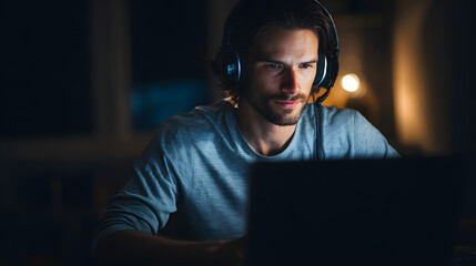 Focused man with headphones working late at night on a laptop, immersed in a digital world. Dark room, concentrated face.