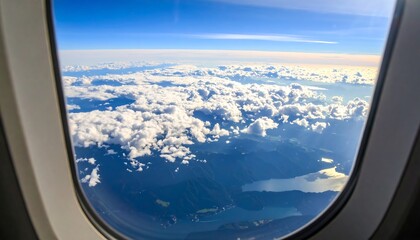 High-altitude view of a vast landscape, with fluffy clouds and a serene body of water nestled amongst mountains, seen from an airplane window.