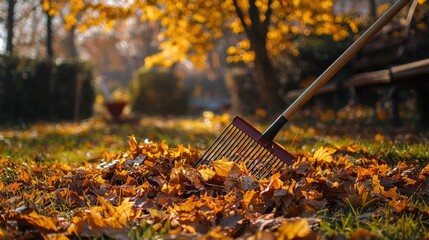 Collection of fallen leaves. Raking autumn leaves from the lawn in the autumn park. Concept of volunteering, seasonal gardening. Yard cleaning.