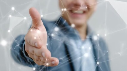 A businessman in suit extending hand for handshake, smiling with trust and positive emotion, digital network connection, professional partnership, modern business collaboration, confident gesture - Powered by Adobe