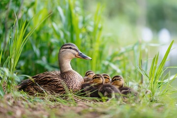 Duck and her ducklings resting in lush green grass near a water body during a sunny afternoon