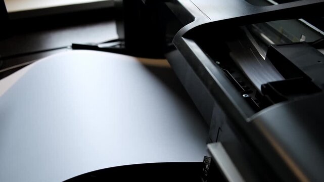 A printed paper sheet comes out of the color inkjet printer in close-up. Printing process. Printed a picture. A color calibration test. The printing on white paper sheet. High quality 4k footage.