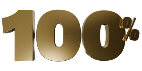 Golden 100 Percent Number Icon, 3D Metallic Hundred Percent Sign, Discount Offer Symbol, Shiny Glossy Percentage Illustration, Transparent PNG Isolated Design