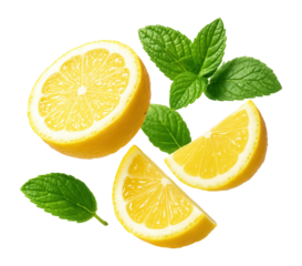 Fresh lemon slices with mint leaves in a water splash on.