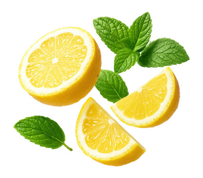 Fresh lemon slices with mint leaves in a water splash on.