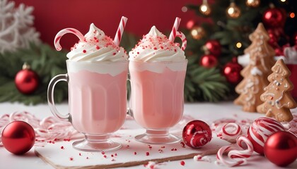 Delightful pink peppermint hot chocolate with candy cane garnish.