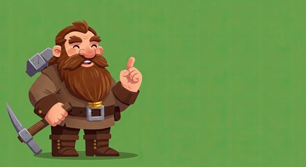 Cartoon Dwarf Miner Holding Pickaxe Standing on Green Background